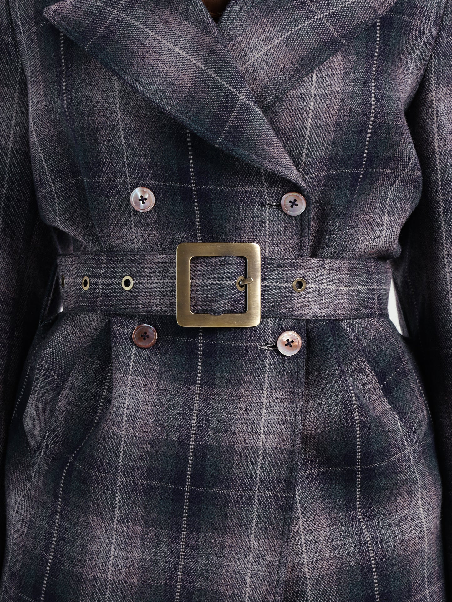 Cropped Trench Coat in Ladakh Wool Blue Tartan