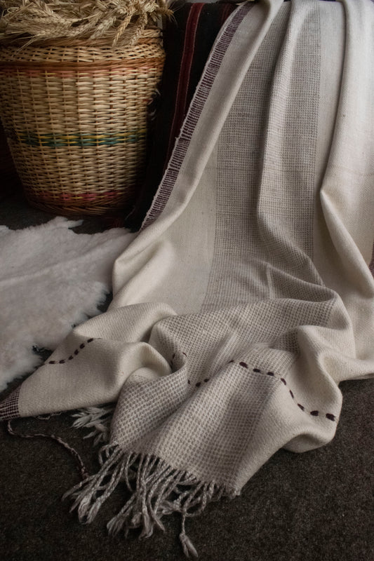 White Cashmere Stole (with Warp Rib Border)