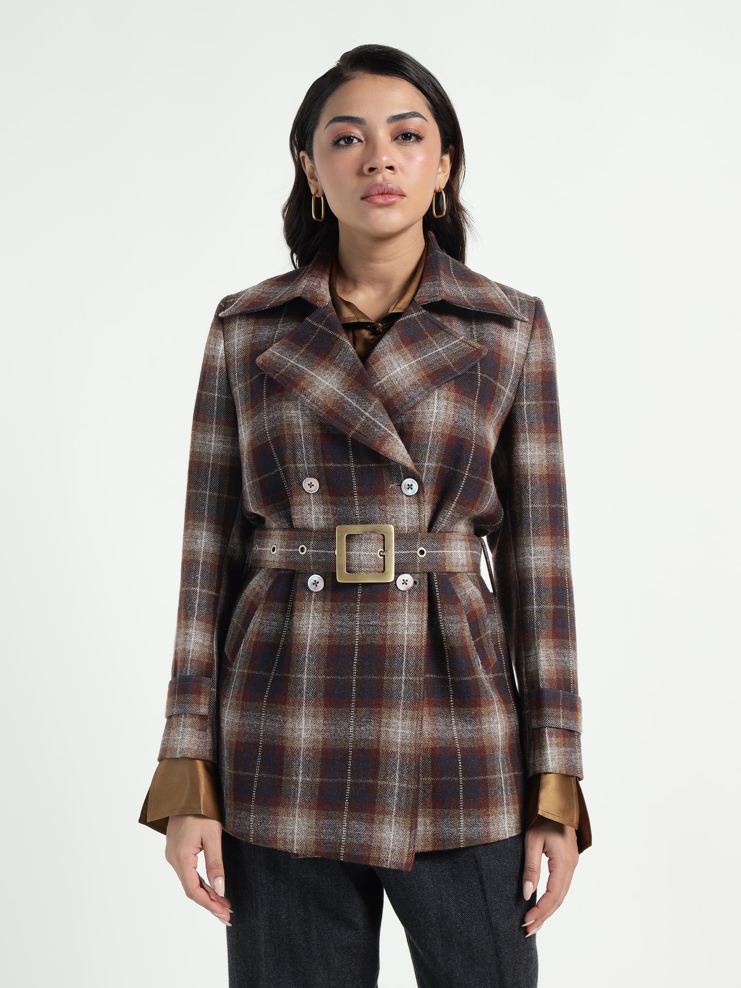 Cropped Trench Coat Ladakh Wool Brown Tartan
