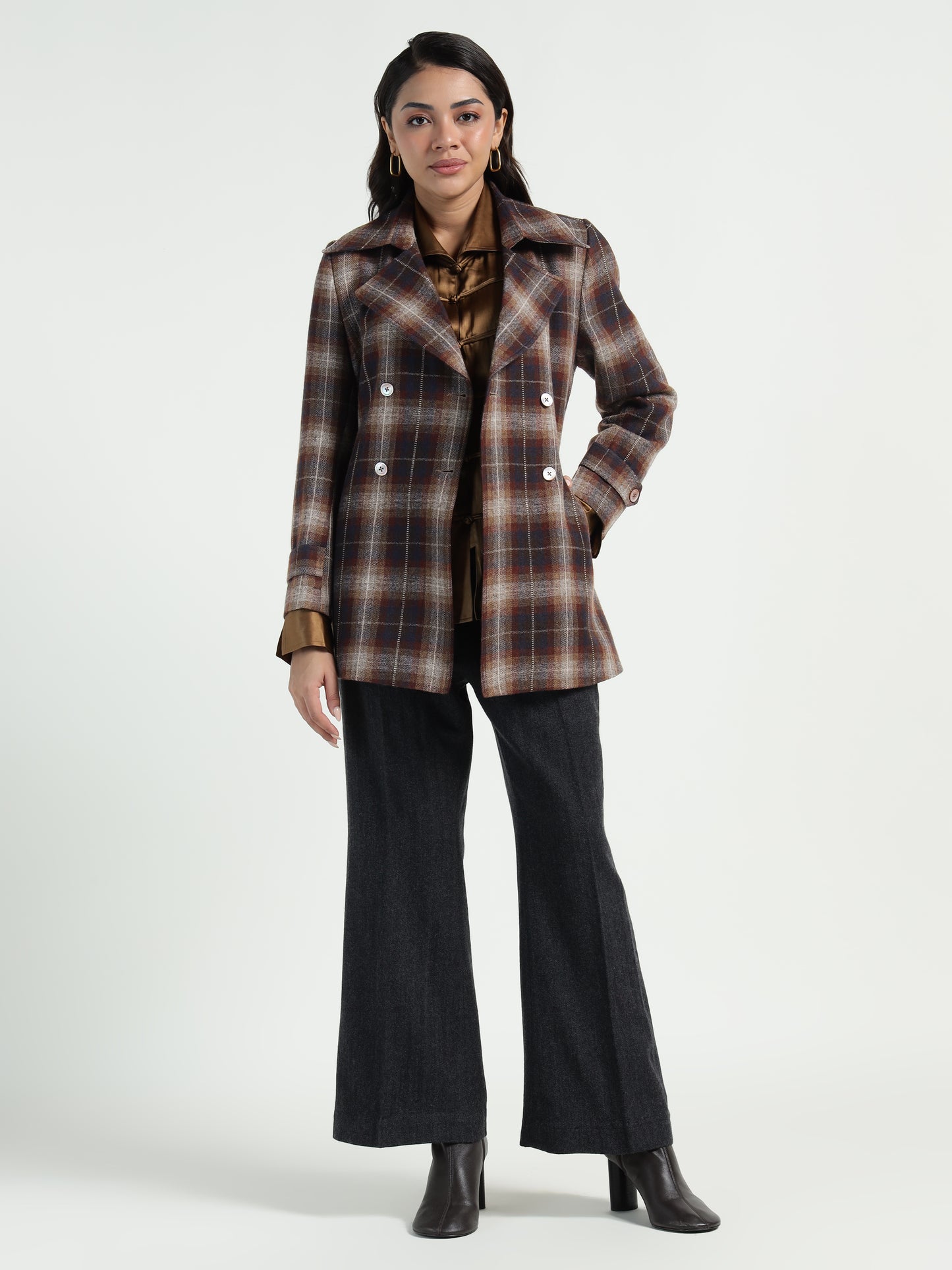 Cropped Trench Coat Ladakh Wool Brown Tartan