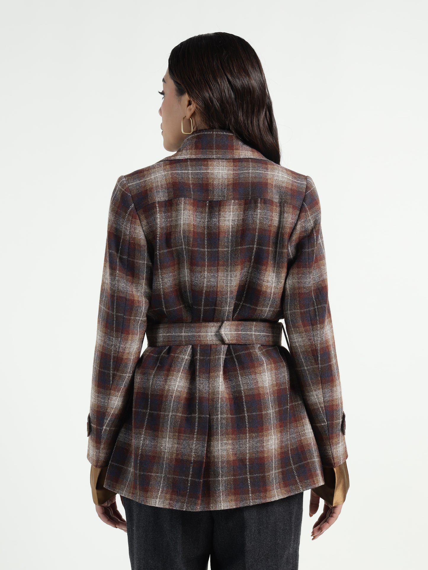 Cropped Trench Coat Ladakh Wool Brown Tartan
