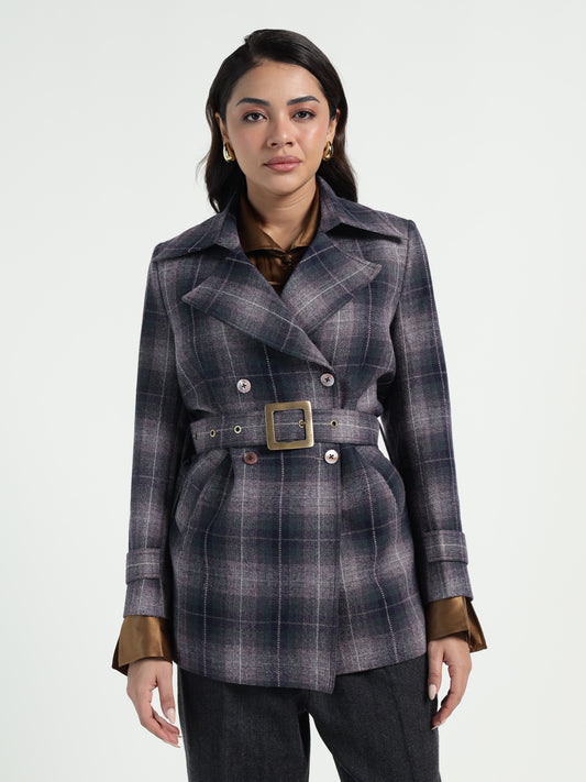 Cropped Trench Coat in Ladakh Wool Blue Tartan