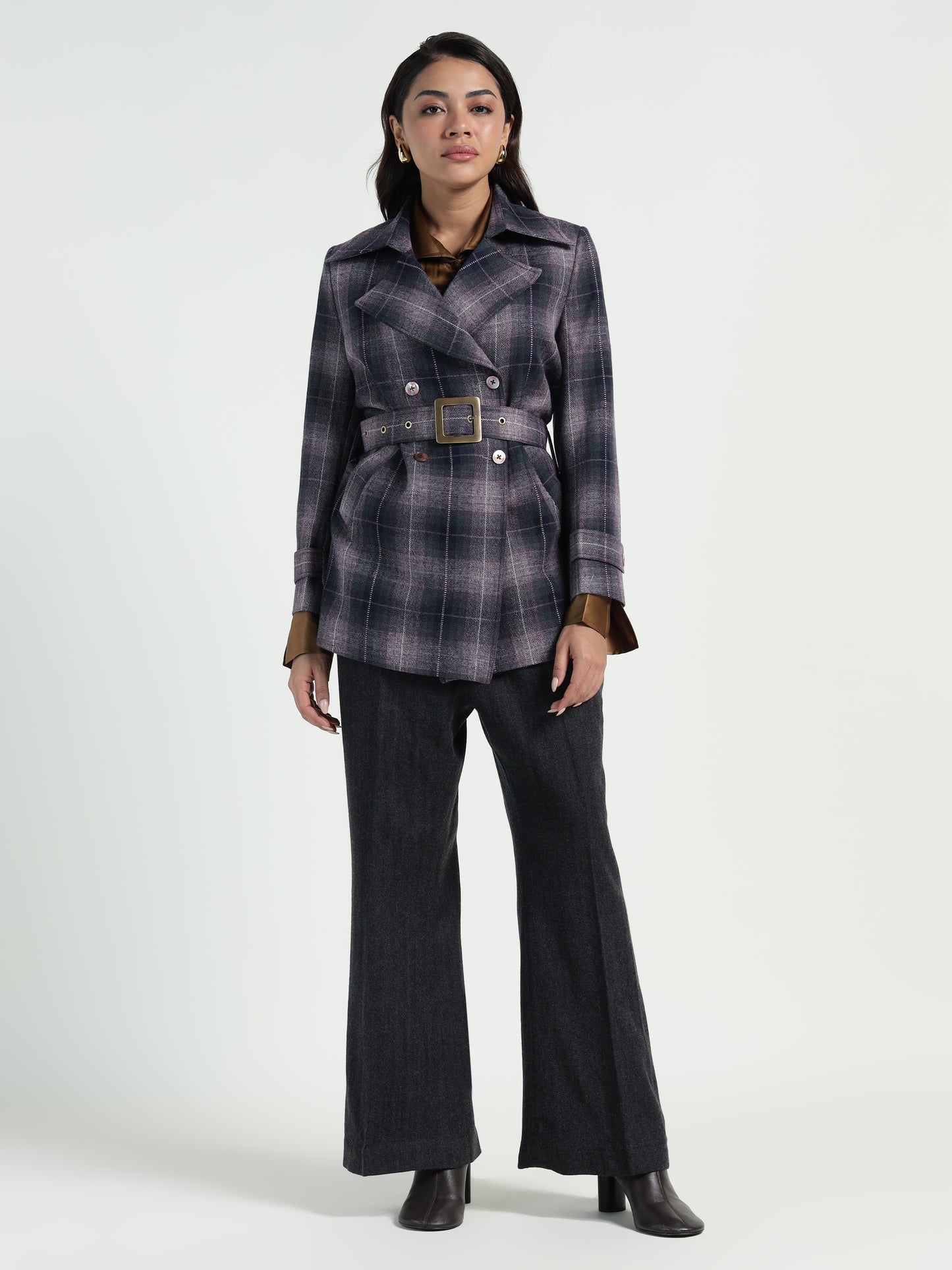 Cropped Trench Coat in Ladakh Wool Blue Tartan