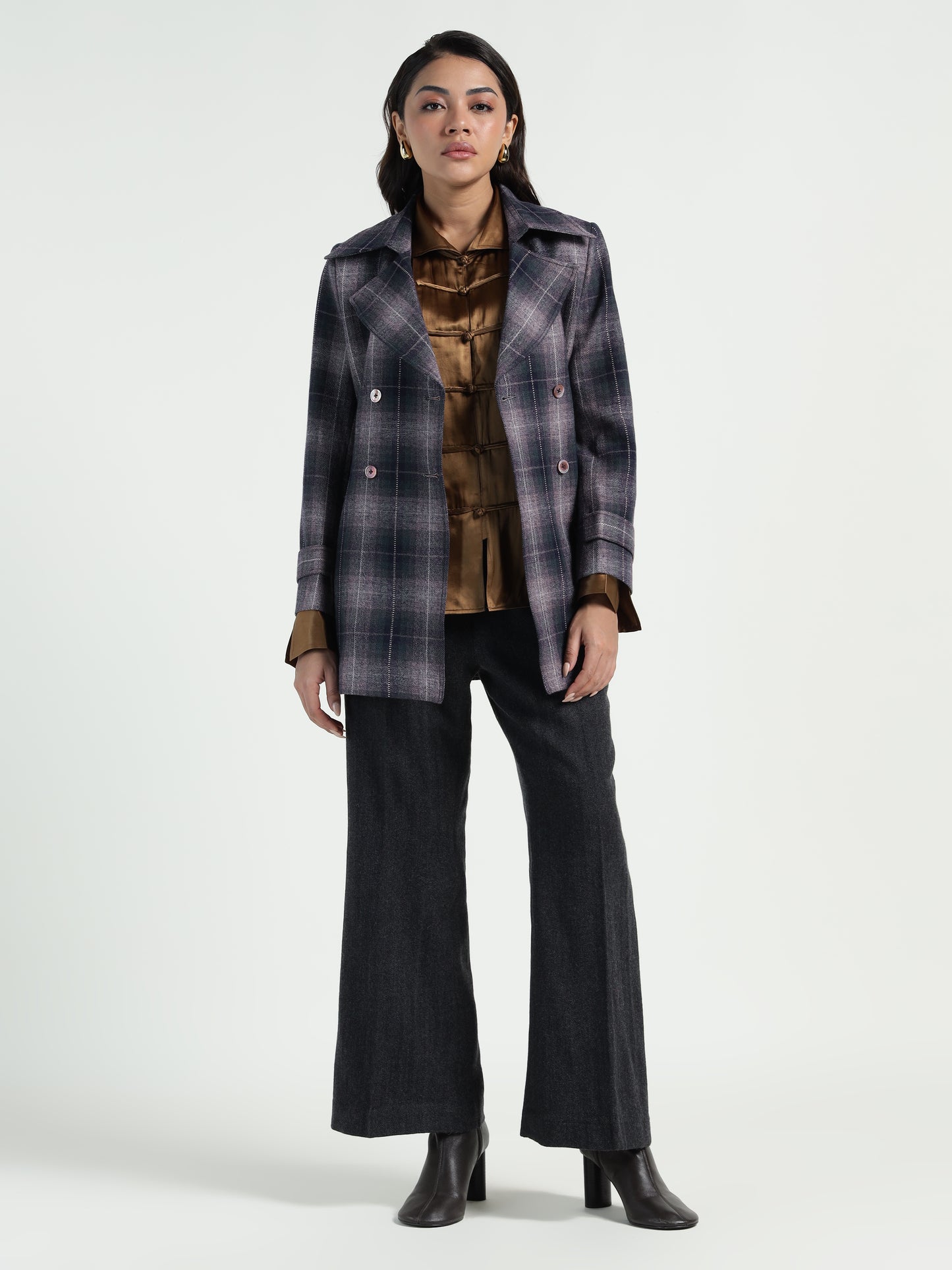 Cropped Trench Coat in Ladakh Wool Blue Tartan
