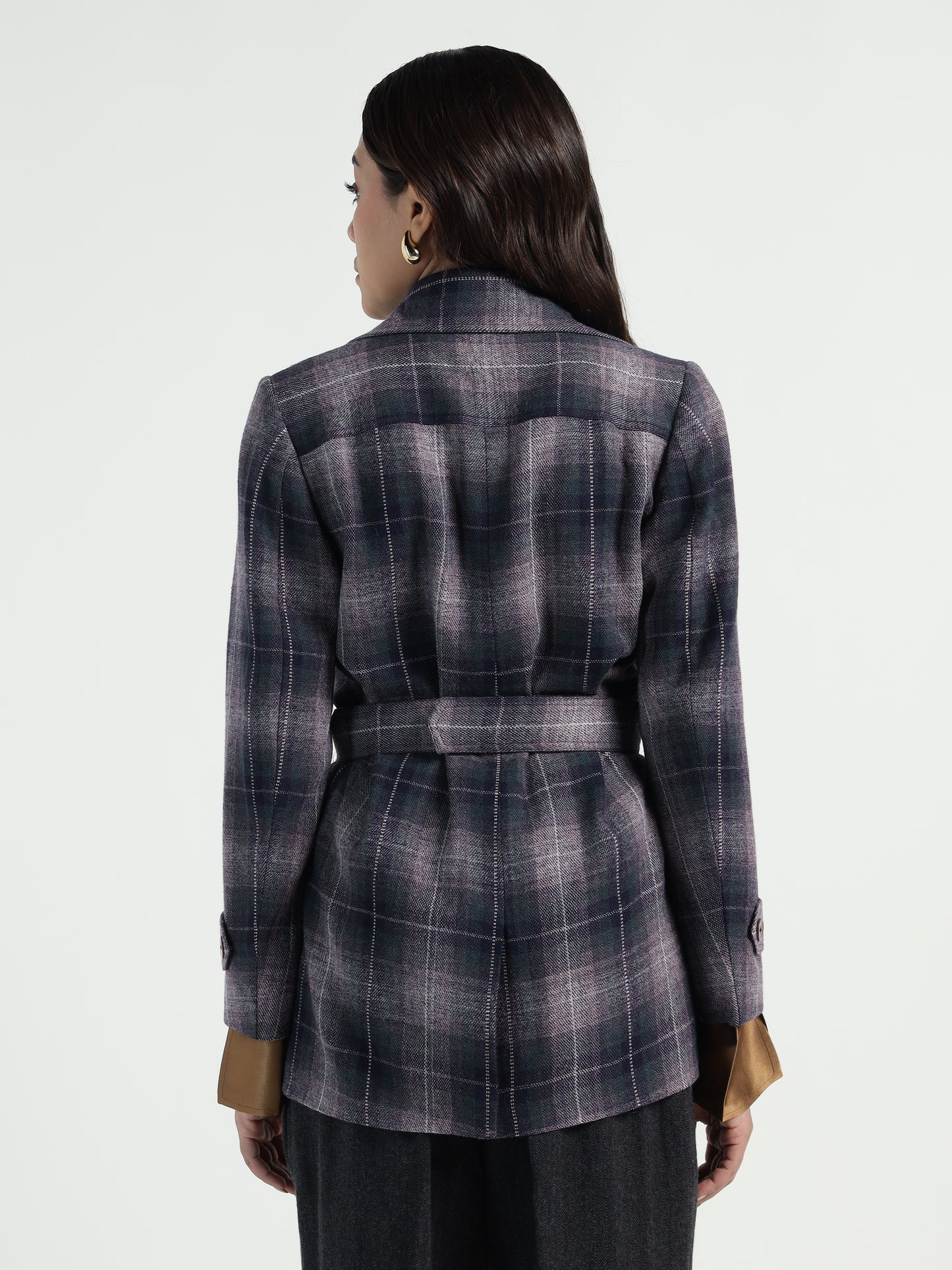 Cropped Trench Coat in Ladakh Wool Blue Tartan
